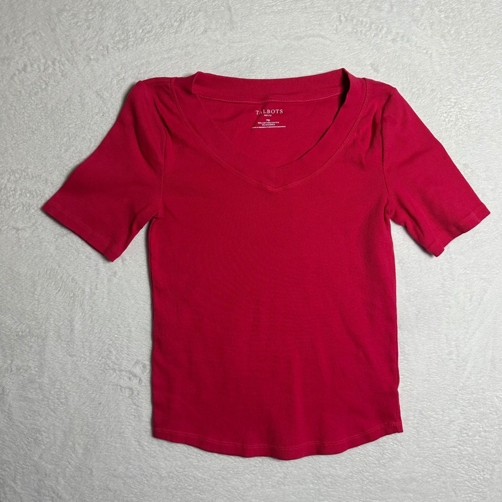Talbots Petite Ribbed V-Neck Short Sleeve Top Berry Pink MP Cotton Blend Tee